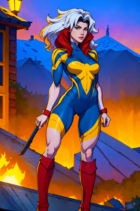 ((Full body shot, standing, feet on the ground)) Rogue, X-Men, (best quality, 4k, 8k, high resolution, cyclist body, masterpiece: 1.2), ultra-detailed, (realistic, photorealistic, photorealistic: 1.37), full body photo, yellow high boots, voluminous hair, ...