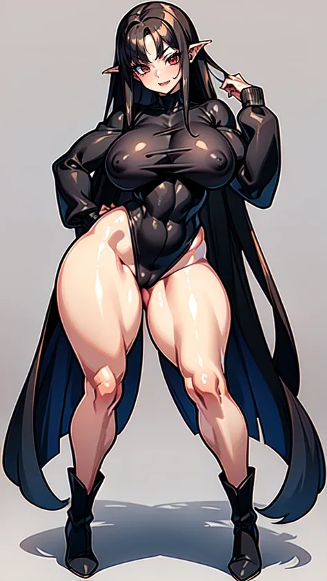 (masterpiece), best quality, expressive eyes, perfect face, vampire girl, huge girl, female muscular:1.2, big breast:1, (curvy:1.5) , (straight hair:1.8), ((blank background)), ((full body)), thick thighs:1.7, (long legs:1.4), amazon body, toeless boots, (...