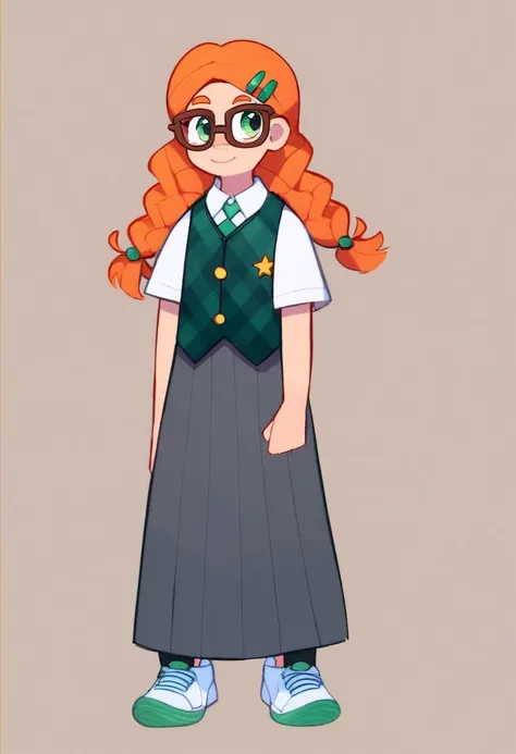 penelope, solo, 1girl, standing, full body, ginger braided hair with circular green clips at the ends, black clips on hair, brown glasses, emerald green eyes. white long-sleeved shirt, rhombus-themed vest (colors: blue, red and goldenrod), dark grey skirt,...