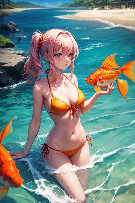 An anime girl in a bikini on a beach submerged in the water, observing a beautiful goldfish