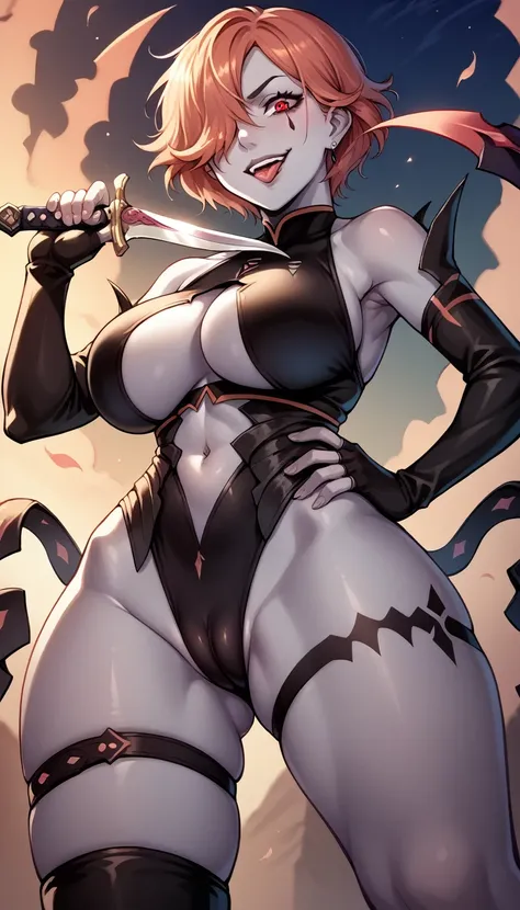 score_9, score_8_up, score_7_up, score_6_up, source_anime, BREAK 1girl,grey skin, short hair, hair over one eye, facial mark, black leotard, center opening, elbow gloves, fingerless gloves, thigh strap, thigh boots, multiple tails, large breasts, hand on h...