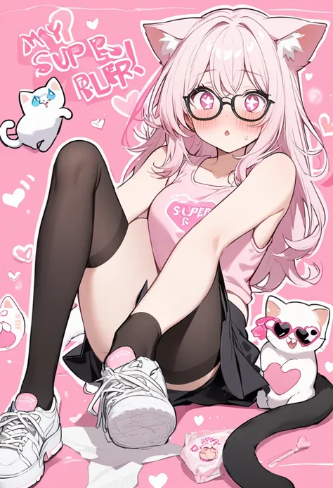 I have white pink hair, cat ears, a bun, my face is super blushing, black glasses, pink heart eyes, a large pink tank top, a black skirt, black stockings, white shoes, a cat&#39;s tail. a very shy girl who is taking off her stockings 