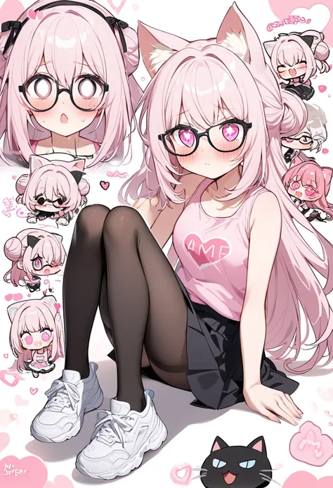 I have white pink hair, cat ears, a bun, my face is super blushing, black glasses, pink heart eyes, a large pink tank top, a black skirt, black stockings, white shoes, a cat&#39;s tail. a very shy girl who is taking off her stockings 