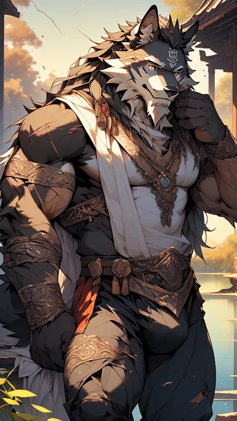 (masterpiece),(highres),(intricate details:1.4),extremely detailed,(illustration:1.2),8k,photorealistic,exquisite,,aged,elder male wolf,muscular,(general:1.7),black fur,manhood,warrior,(black fur:1.3),long hair,long beard,(numerous scars:1.2),(badly damage...