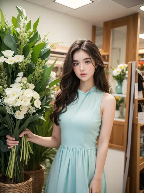 A teenage girl,  with very wavy hair, dark brown curls, light blue eyes with central green heterochromia and both, smooth-looking white skin and thick eyebrows, big lips and medium body, girl wearing a green modest dress in a store taking a photo, with flo...