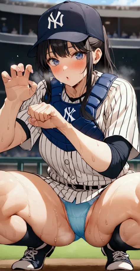 One woman、beautiful girl、high school girl、Baseball uniform、Yankees uniforms、Baseball cap、ponytail、Long Hair、baseball Ground、The stands are packed、slouch、Highest quality,  Thick thighs、Big 、Big Ass、Black Hair、Sweaty body、Number 51、White panties、Fullback pan...