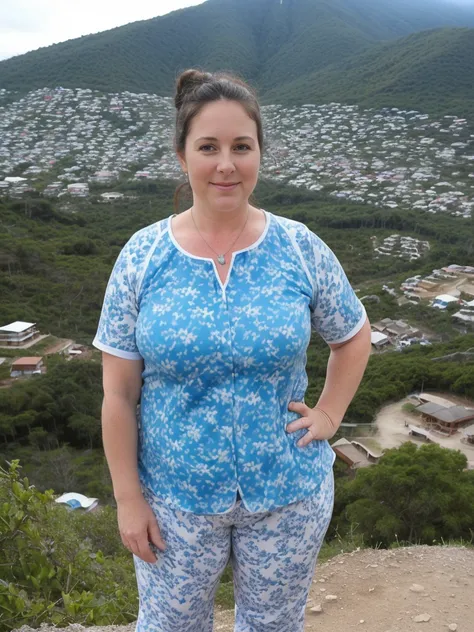 her name is Annette, high quality, ((mature)), ((white pale skin)), 1girl, ((40-year-old chubby Swiss woman)), ((40 years old)), ((chubby)), ((brunette)), pose: standing, wearing stylish blue (((wearing  light printed attire for hiking))), ((BACKGROUND: ov...