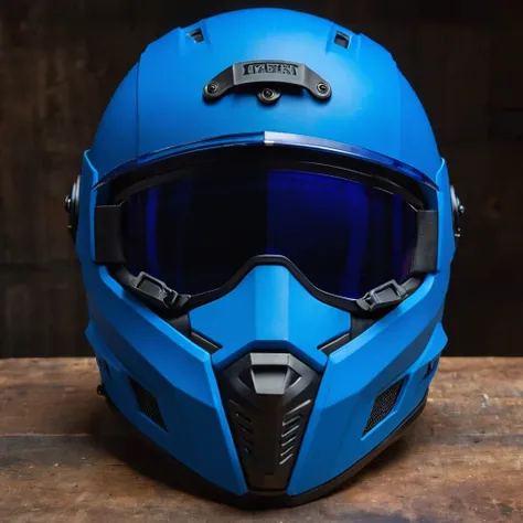 a close up of a helmet with a blue face and a blue vise, dark visor covering face, streamlined matte blue armor, modern helmet, motorcycle helmet, dark visor covering top of face, combat helmet, closed visor, half helmet, stylized motorcycle helmet, dark v...