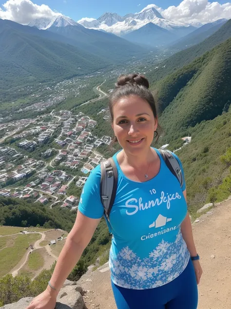 her name is Annette, high quality, ((mature)), ((white pale skin)), 1girl, ((40-year-old chubby Swiss woman)), ((40 years old)), ((chubby)), ((brunette)), pose: standing, wearing stylish blue (((wearing  light printed attire for hiking))), ((BACKGROUND: ov...