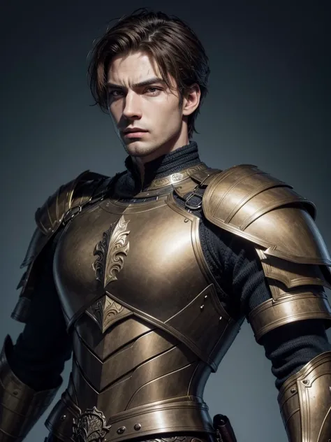 handsome man,armour, arrogant look, drawing style, brownhair, europeu