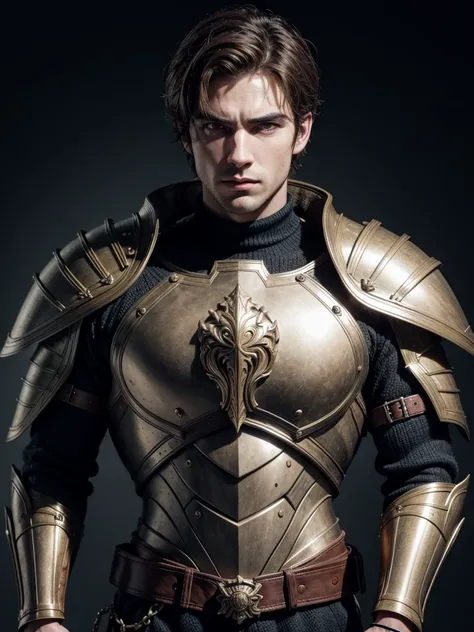 handsome man,armour, arrogant look, drawing style, brownhair, europeu