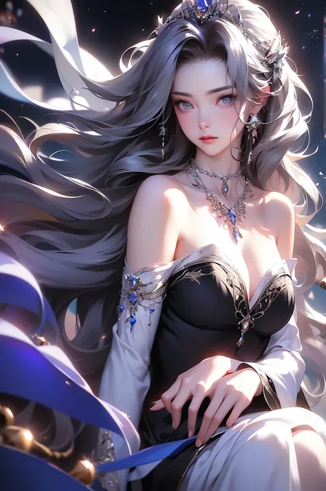 (masterpiece:1.5, Highest quality, Very detailed、 Dutch Angle、Semi-realistic、Fantasy)(One Girl, alone)(White and beautiful hair:1.4,,Straight Long Hair)(Dress in black tones、Fantasyの衣装)、((Off the shoulder、Mid-chest、ruby ​​necklace))(Beautiful cleavage、Legs...