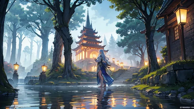 At dusk, In the heart of the ancient forest, Trees that are hundreds of years old々between、The city of elves stands tall like a jewel. thats slender towers and delicate domes are sculpted in harmony with the surrounding nature, Blends organically with the s...