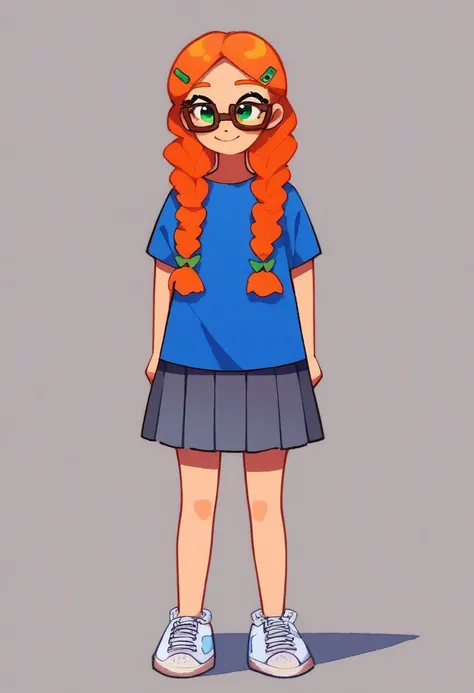 penelope, solo, 1girl, standing, full body, ginger braided hair with circular green clips at the ends, black clips on hair, brown glasses, emerald green eyes. white long-sleeved shirt, blue rhombus-themed vest (colors: blue, red and goldenrod), dark grey s...