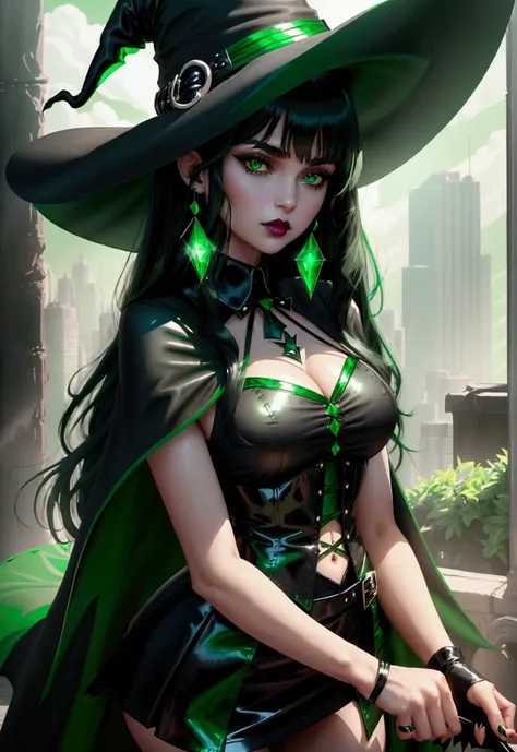 Witch teen, cute young face, emerald green eyes, long black hair with straight bangs, voluptuous ass, dark lipstick, outfit(black high-waisted a-line mini skirt with emerald green line running across just above hem of skirt; cropped black little cape with ...