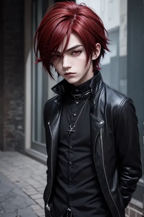 Boy with gothic style and dark red hair 2D anime version