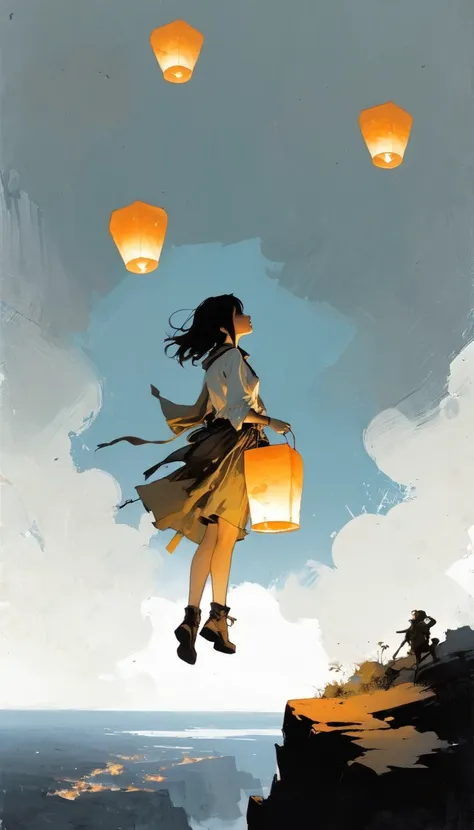 (Ashley Wood (Ashley Wood) style of:1.1), 
A girl on the cliff holding a paper lantern,large areas of white space,At the bottom of the screen,(look up:1.5),from the side,Look up,comics,，Wishing paper lanterns in the sky