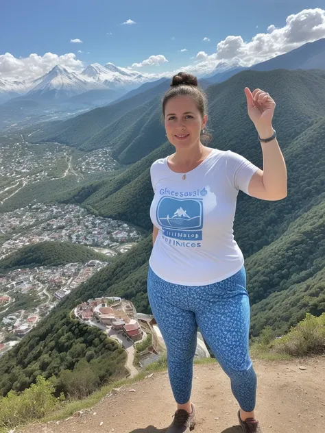 her name is Annette, high quality, ((mature)), ((white pale skin)), 1girl, ((40-year-old chubby Swiss woman)), ((40 years old)), ((chubby)), ((brunette)), pose: standing, wearing stylish blue (((wearing  light printed attire for hiking))), ((BACKGROUND: ov...