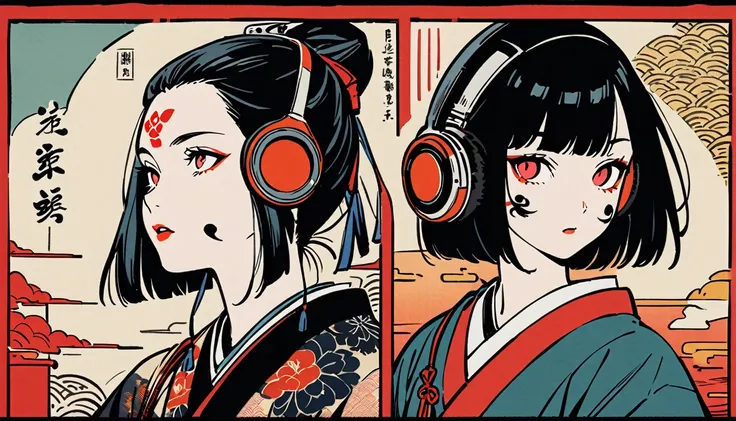 japanese kabuki, Red Eyes, 1 girl, Tattoo on face, Japanese style headphones, beautiful girl, Black Hair, Delicate and precise, Modern ukiyo-e style, Multicolored background