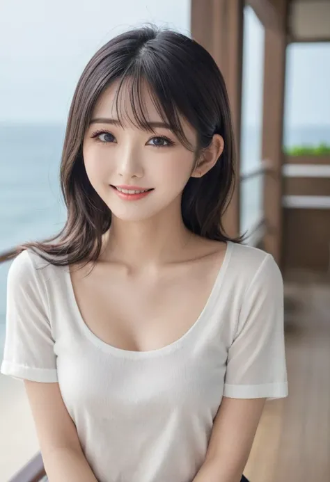 A 24-year-old woman dressed in business casual clothing、full of energy、Smile Top Quality, masterpiece, Ultra-high resolution, (Realistic:1.4), Raw photo, One girl, The most famous Japanese idols, ((Delighted to see the ocean for the first time)), (Very cut...