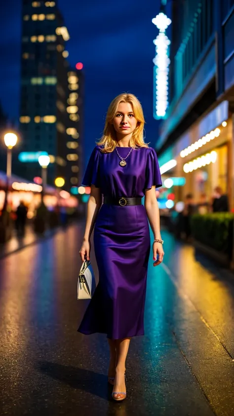 color photography of 40 years old (Polish woman:1.3), elegant, (in city promenade:1.3), at night, flat lighting, (soft saturation:1.2), analog style,