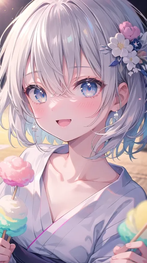 (8k, best quality, master piece: 1.2),super high resolution,1 girl, 独奏, colorshift eyes, hyperdetailed, expressive eyes, ultra-detailed face, yukata、Random hairstyle、silver gay hair, stall, sunshine, Collarbone, Ecstatic expression, Cotton candy