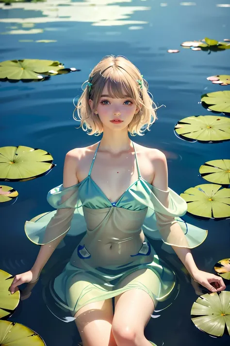 a woman in a pond with lily pads in the water, in a pond, standing in a pond, floating in a powerful zen state, nymph in the water, sitting in a reflective pool, floathing underwater in a lake, sitting at a pond, in water up to her shoulders, the hair floa...