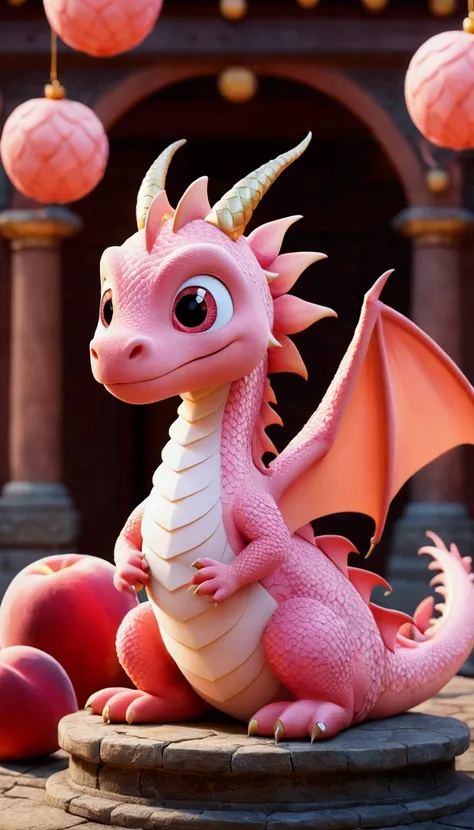 A pink peach dragon baby，no wings，ancient city celebration，nobody，background red decoration，white，Pixar, Lovely, Cartoonish，There are decorations around，happiness, Speechless