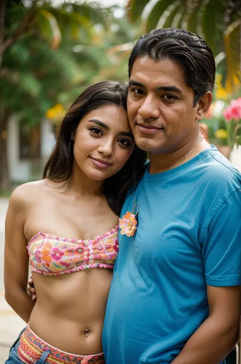 young beautiful hispanic woman with no makeup, with colorful shirt, arms around her elderly dad, midday, shallow-focus, 35mm, ph...