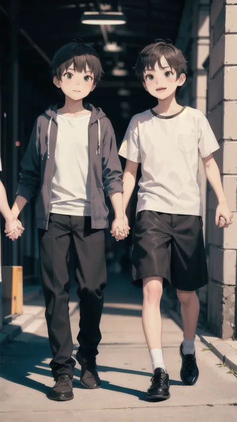 1 ,and,1 little boy,
holding_hands,