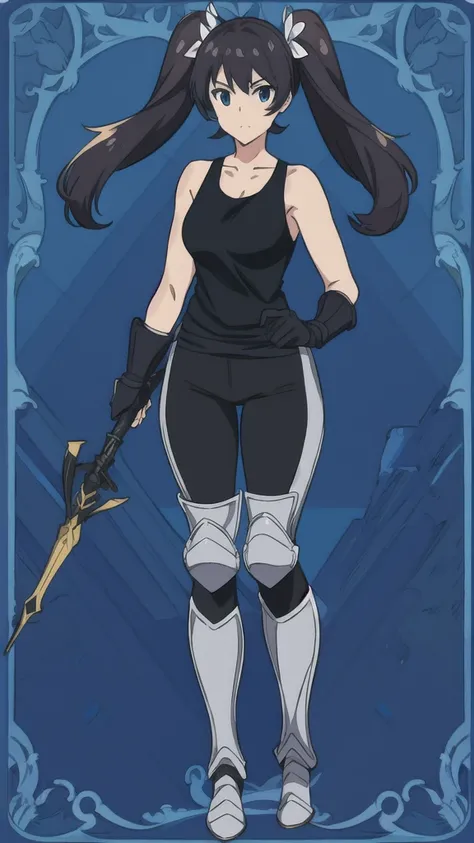 An anime picture, a perfect body, full body, villages background, female warrior, black twin tails, tank top armor, black armor, and black leggings