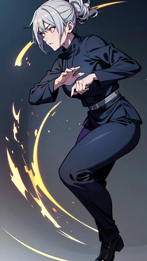 Screenshot of jujutsu kaisen, Female gender, Golden eyes and friendly face, Long light gray hair, Light skin, Wearing dark blue jujutsu kaisen uniform, Full body and face in profile.