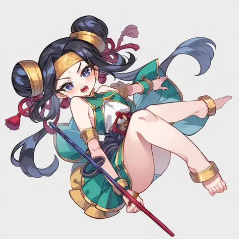 Create a full-body of a youthful black hair Japanese loil with an energetic and determined expression. The character have a double hair bun secured with a golden headband, and the face should feature bold red and dark Peking opera makeup with eyes full of ...