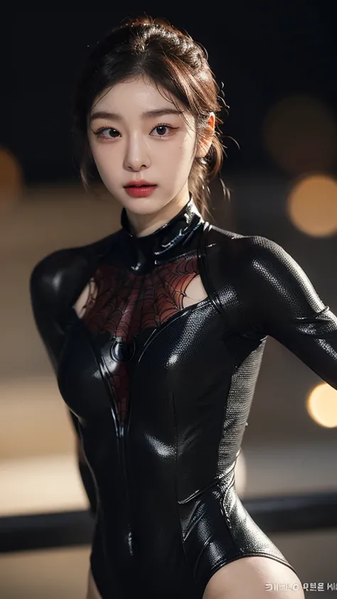 masterpiece, 1 Korean girl，realisticlying，8K  UHD，high high quality，in the background bokeh, white and black spider-man suit，Spidey，Clothes wrap around the whole body，Tight clothing，Abs contour，Short black hair，s the perfect face，shining face，Ultra-clear f...