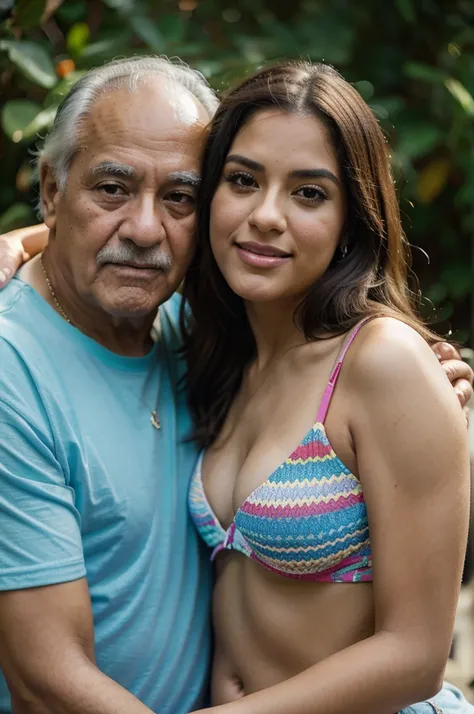 36d young beautiful hispanic woman with no makeup, with colorful shirt, arms around her elderly dad, midday, shallow-focus, 35mm, photorealistic, Canon EOS 5D Mark IV DSLR, f/5.6 aperture, 1/125 second shutter speed, ISO 100 --ar 2:3 --q 2 --v 4