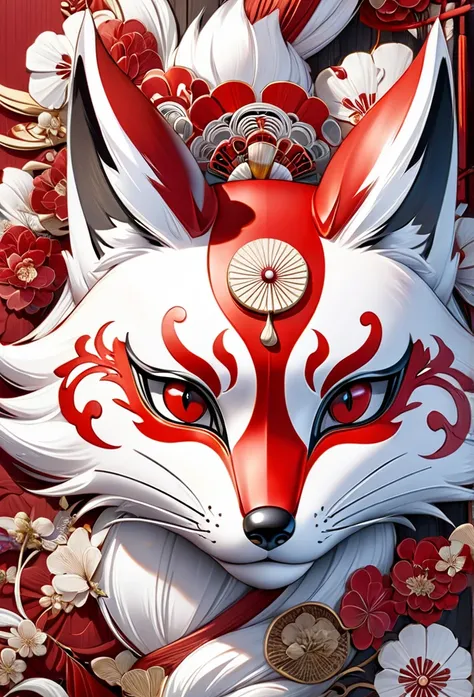 masterpiece, 8k, best quality, highly detailed, a traditional white & red japanese fox mask that makes the wearer see spirits