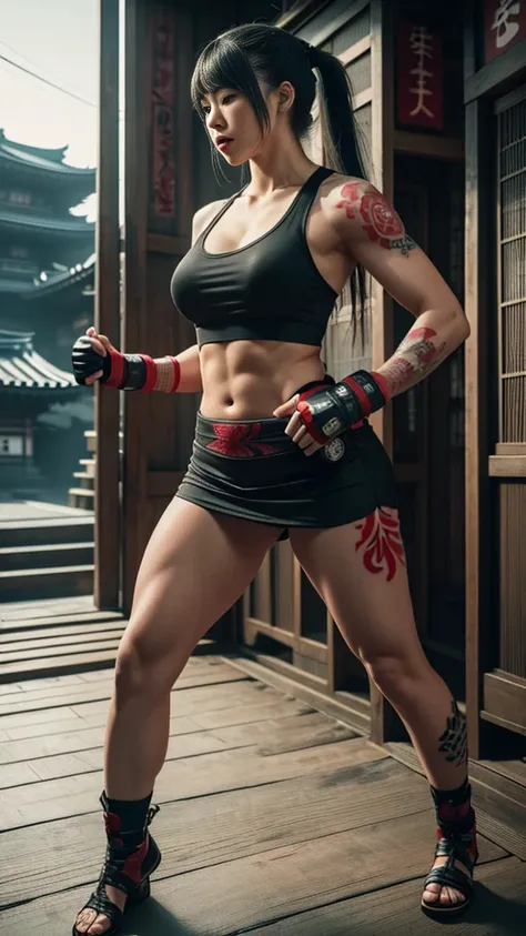 Beautiful Japanese female, (16 years old), Mixed Martial Arts, (belly exposed, everyday clothes worn around the house:1.3), tank top, (MMA gloves), fit, (muscles:1.2), athletic feminine body, female fitness model body, Tokyo landmarks in the background, ma...