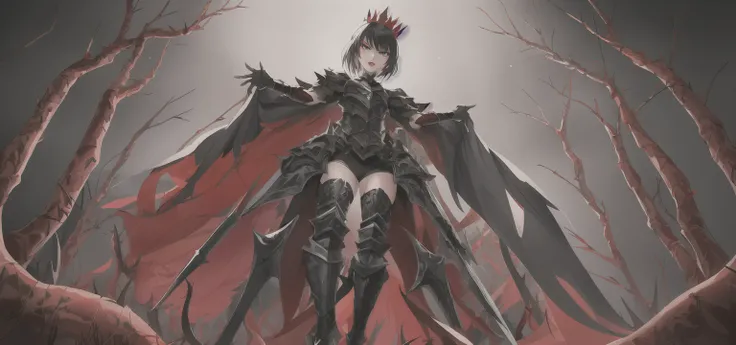 Masterpiece, high quality, super detailed, wallpaper, woman, full body, black armor with black and red details, viewed from below, looking at the viewer, fit body, heels with black thorns, black and red short thorn crown, very short black hair, blue eyes, ...