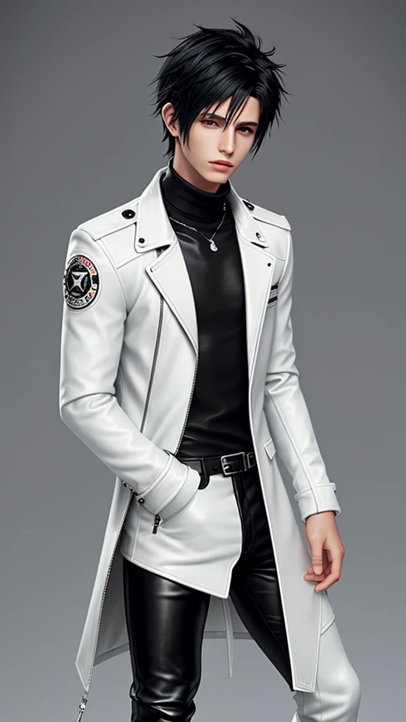 Final fantasy taste and reality graphics, Japanese young cute and cool ikemen  boy, his age is early 20s, thin eyebrows and beady eyes,  he wearing off white color leather  thick material jacket, jacket is singlebrest, biker style jacket, with epaulet, jac...