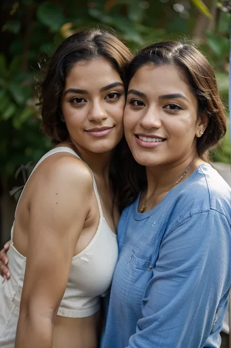 40d young beautiful hispanic woman with no makeup, with colorful shirt, arms around her elderly dad, midday, shallow-focus, 35mm...