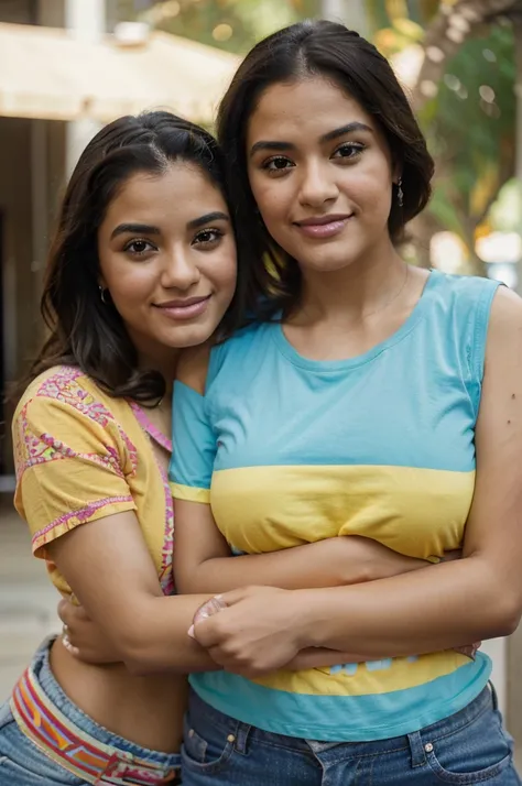 40d young beautiful hispanic woman with no makeup, with colorful shirt, arms around her elderly dad, midday, shallow-focus, 35mm, photorealistic, Canon EOS 5D Mark IV DSLR, f/5.6 aperture, 1/125 second shutter speed, ISO 100 --ar 2:3 --q 2 --v 4