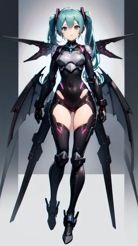 Hatsune Miku, Mecha Girl, Nanomachines, ((Metal Armor)), Wings of light, High heels, Noise Reduction, Tabletop、Exquisite design、Visual Arts、Concept Artist、Five Fingers, Perfect body, {{{masterpiece}}}, {{{Highest quality}}}, {{Very detailed}}, {shape}, {{V...