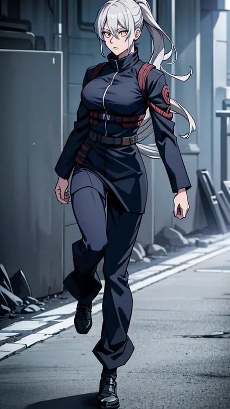 Screenshot of jujutsu kaisen, Female gender, Golden eyes, Long light gray hair, Light skin, Wearing dark blue jujutsu kaisen uniform, Full body