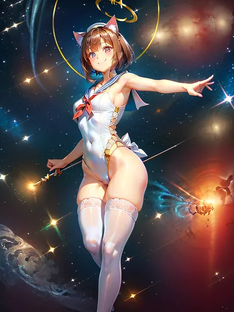 Highest quality,Highest Resolution,Masterpiece,(((A beautiful girl in a sailor leotard with a smile on her face))),High leg,Frills,White knee-high stockings,,Red tie,(((Cat ear))),(((Halation))),Brown hair short bob,(((archery))),White angel wings on the b...