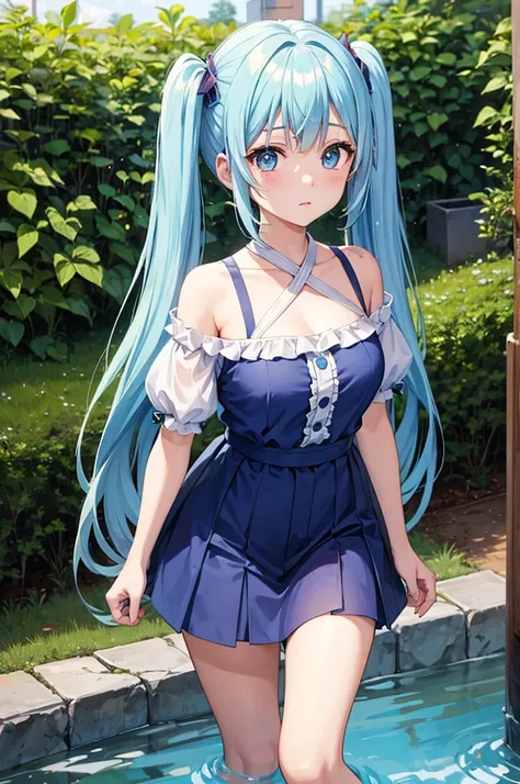 A girl with long light blue hair and twin tails comes out of a deep well.