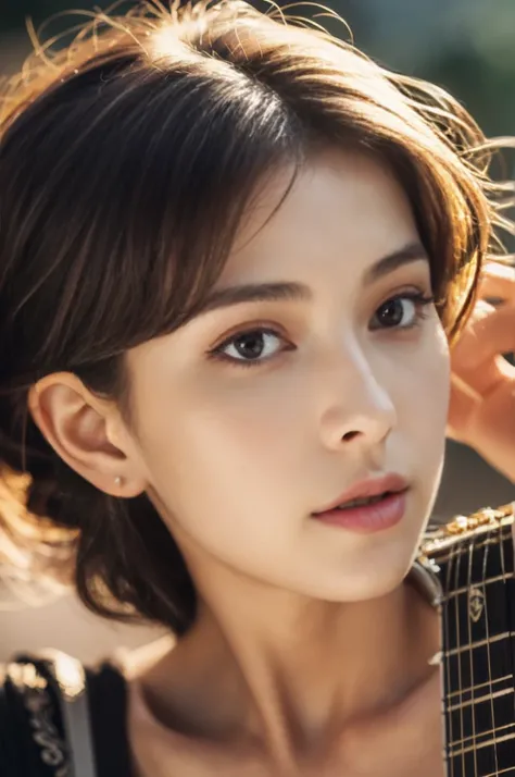 a 20 year old woman holding a guitar, vintage, beautiful detailed eyes, beautiful detailed lips, extremely detailed face, long eyelashes, natural lighting, warm color palette, cinematic, high quality, photorealistic, 8k, detailed background, realistic, hum...