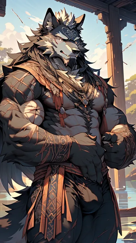 (masterpiece),(highres),(intricate details:1.4),extremely detailed,(illustration:1.2),8k,photorealistic,exquisite,(daddy:1.5),aged,elder male wolf,muscular,(guardian:1.7),black fur,manhood,warrior,(black fur:1.3),long hair,long beard,(numerous scars:1.2),(...