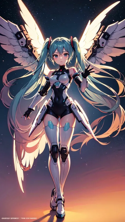 Hatsune Miku, Mecha Girl, Nanomachines, Wearing Gundam armor, Angel Wings, High heels, Noise Reduction, Tabletop、Exquisite design、Visual Arts、Concept Artist、Five Fingers, Perfect body, {{{masterpiece}}}, {{{Highest quality}}}, {{Very detailed}}, {shape}, {...