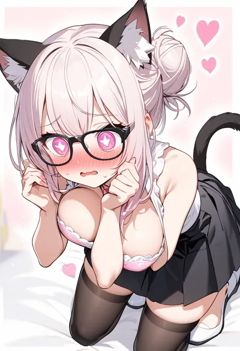 I have white pink hair, cat ears, a bun, my face is super blushing, black glasses, pink heart eyes, someone who is holding her big pink breasts, a black skirt, black stockings, white shoes, a cat tail a very shy girl 