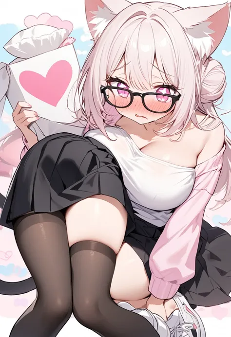 I have white pink hair, cat ears, a bun, my face is super blushing, black glasses, pink heart eyes, someone who is holding her big pink breasts, a black skirt, black stockings, white shoes, a cat tail a very shy girl 